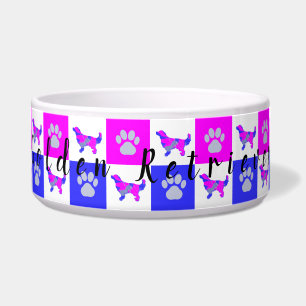 Golden Retriever Dog & Paw Hot Pink &Blue Pet Bowl