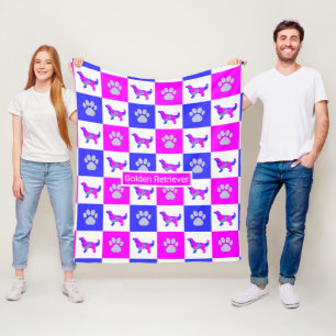 Golden Retriever Dog & Paw Print Hot Pink and Blue Fleece Blanket
