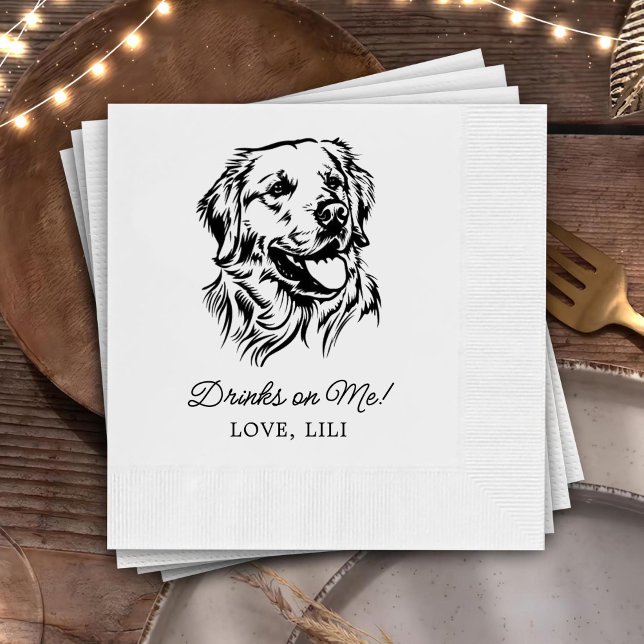 Golden Retriever Dog Personalized Drinks On Me Napkin (Creator Uploaded)