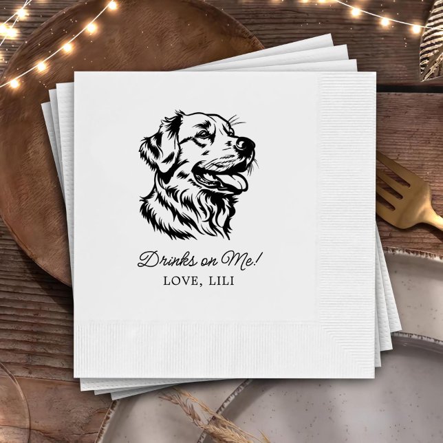 Golden Retriever Dog Personalized Drinks On Me Napkin (Creator Uploaded)