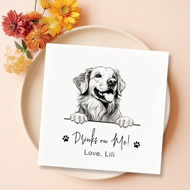 Golden Retriever Dog Personalized Drinks On Me Napkin (Creator Uploaded)