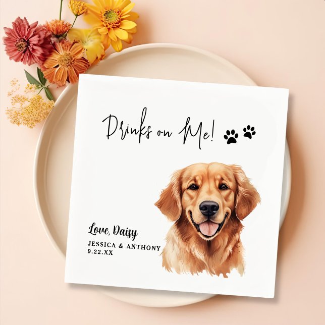 Golden Retriever Dog Personalized Drinks On Me Napkin (Creator Uploaded)