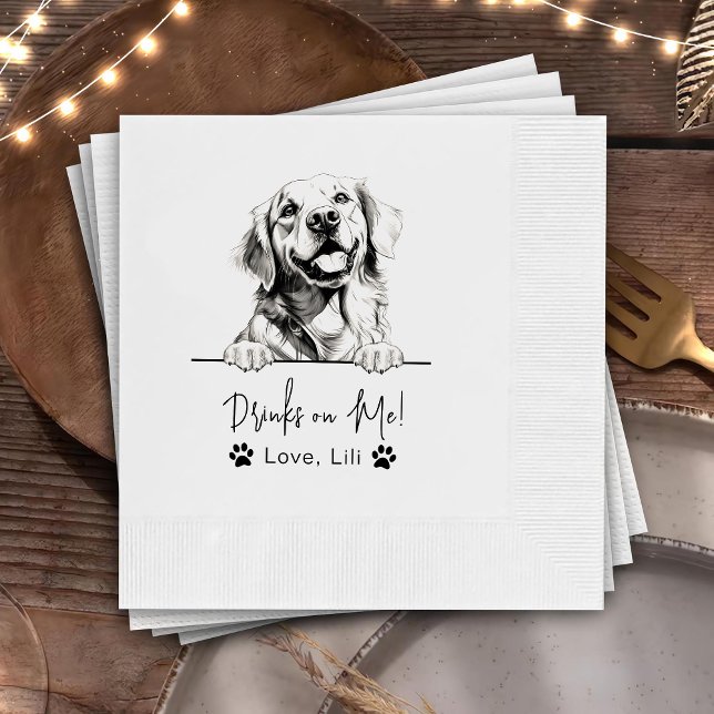 Golden Retriever Dog Personalized Drinks On Me Napkin (Creator Uploaded)