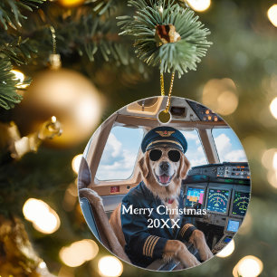 Golden Retriever Dog Pilot Funny Christmas Ceramic Ornament