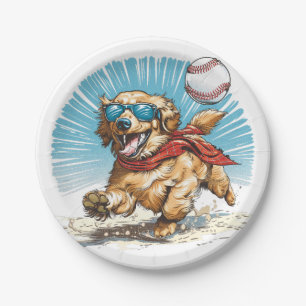 Golden Retriever Dog Playing Baseball Paper Plate