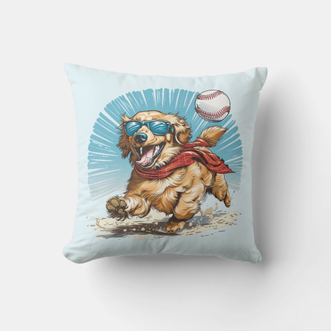 Golden Retriever Dog Playing Baseball Throw Pillow (Front)