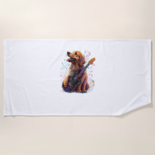 Golden Retriever dog Playing Electric Guitar Rock Beach Towel