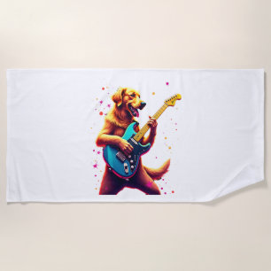 Golden Retriever dog Playing Electric Guitar Rock  Beach Towel