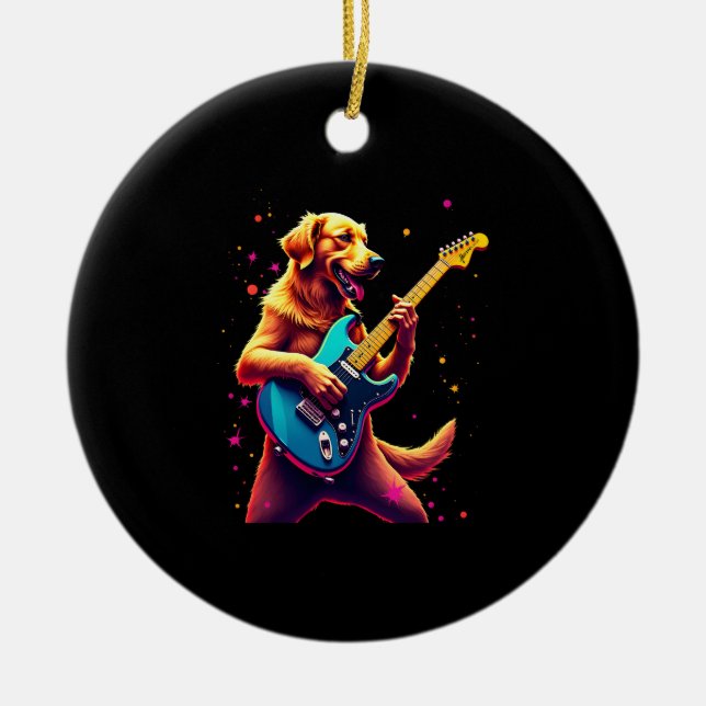 Golden Retriever dog Playing Electric Guitar Rock  Ceramic Ornament (Front)
