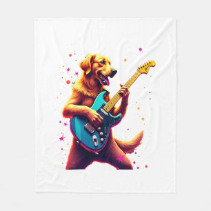 Golden Retriever dog Playing Electric Guitar Rock Fleece Blanket