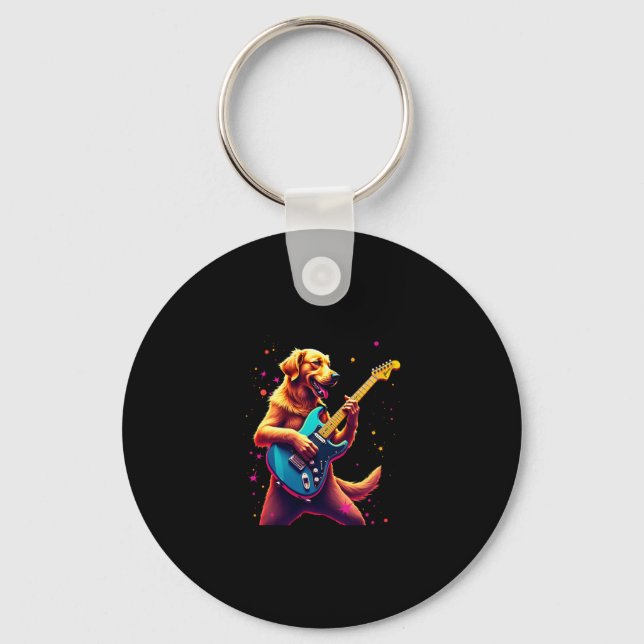 Golden Retriever dog Playing Electric Guitar Rock  Keychain (Front)