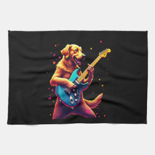 Golden Retriever dog Playing Electric Guitar Rock  Kitchen Towel