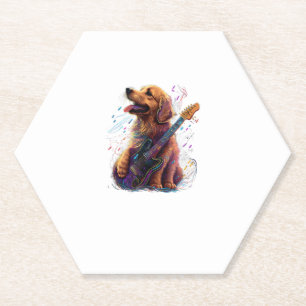 Golden Retriever dog Playing Electric Guitar Rock Paper Coaster