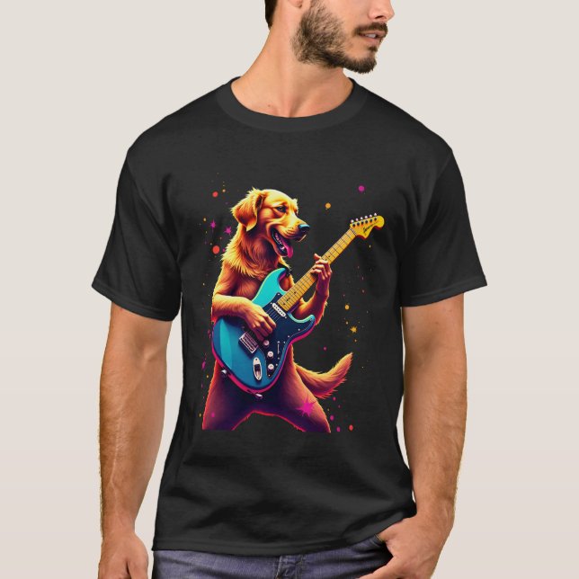 Golden Retriever dog Playing Electric Guitar Rock  T-Shirt (Front)