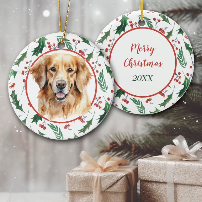 Golden Retriever Dog Red Berry Holly Border Ceramic Ornament (Creator Uploaded)