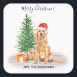 Golden Retriever Dog Santa Tree Merry Christmas Square Sticker<br><div class="desc">Send christmas greetings this holiday season with this Merry Christmas golden retriever santa dog with tree design sticker, and matching decor. This golden retriever holiday sticker features a watercolor dog with santa hat and a holiday tree. Personalize with family name . This golden retriever christmas sticker will be a favourite...</div>