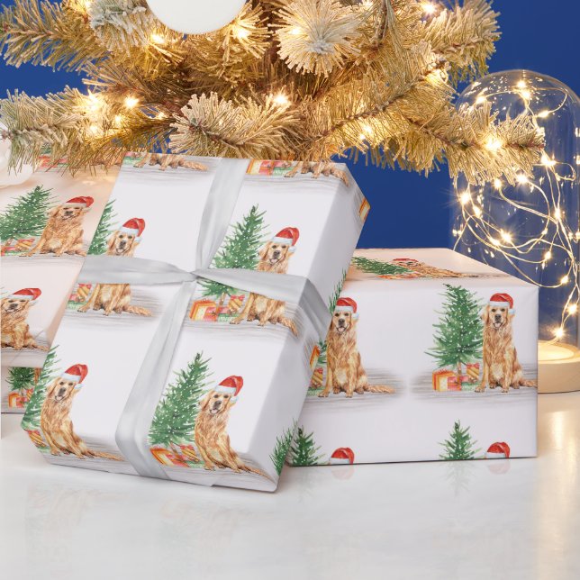 Golden Retriever Dog Santa Tree Merry Christmas Wrapping Paper (Holidays)