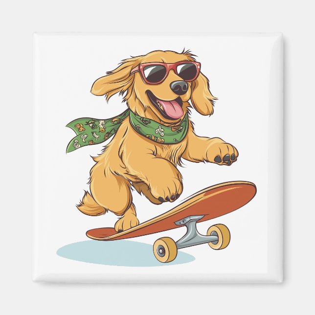 Golden Retriever Dog Skateboarding Magnet (Front)