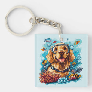 Golden Retriever Dog Snorkelling Coral Reef Keychain