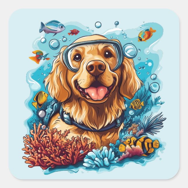 Golden Retriever Dog Snorkelling Coral Reef Square Sticker (Front)