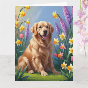 Golden Retriever Dog Spring Flowers Painting Card
