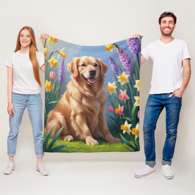 Golden Retriever Dog Spring Flowers Painting Fleece Blanket (In Situ)