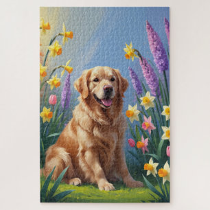 Golden Retriever Dog Spring Flowers Painting Jigsaw Puzzle