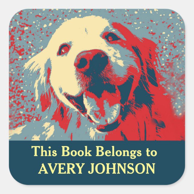 Golden Retriever Dog Stylized Custom Bookplate Square Sticker (Front)