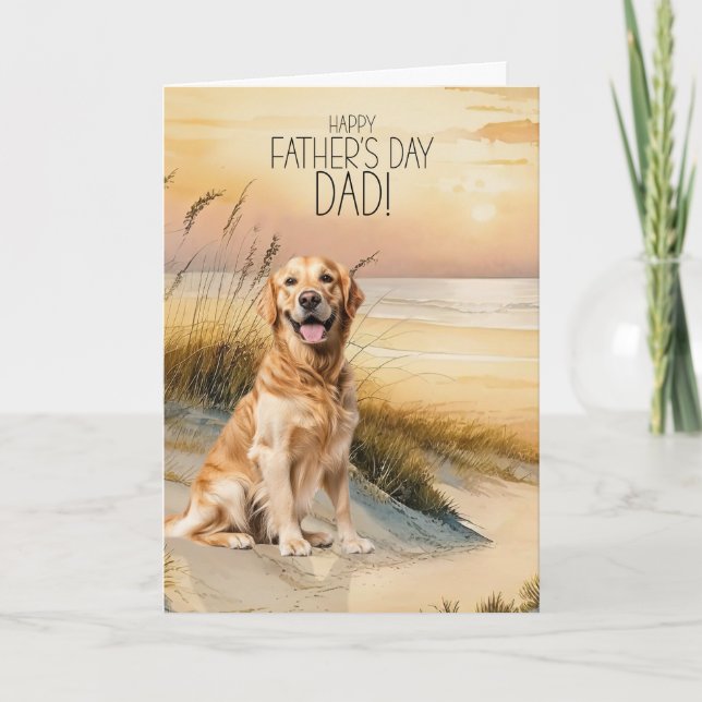 Golden Retriever Dog Sunset Beach Father's Day Holiday Card (Front)