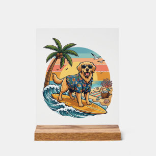 Golden Retriever Dog Surfing Surfboard Sunset Palm Acrylic Sign