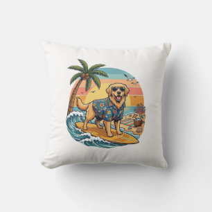Golden Retriever Dog Surfing Surfboard Sunset Palm Throw Pillow