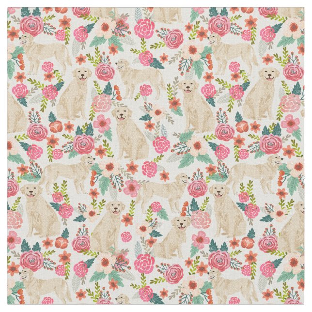 golden retriever dog vintage florals cream fabric (Close Up)