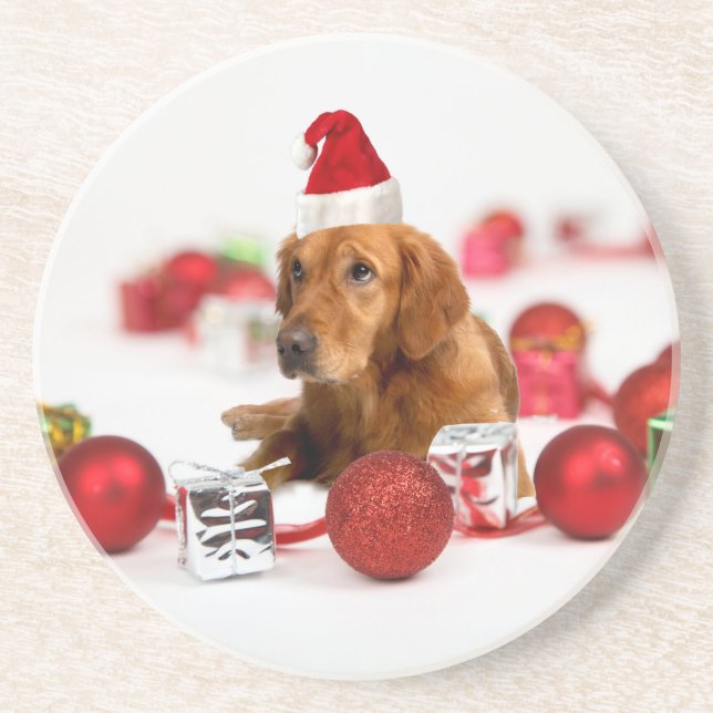 Golden Retriever Dog W Red Santa Hat Christmas Coaster (Front)