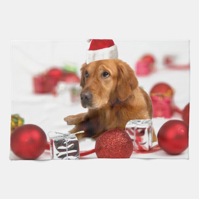 Golden Retriever Dog W Red Santa Hat Christmas Kitchen Towel (Horizontal)