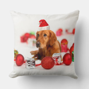 Golden Retriever Dog W Red Santa Hat Christmas Throw Pillow