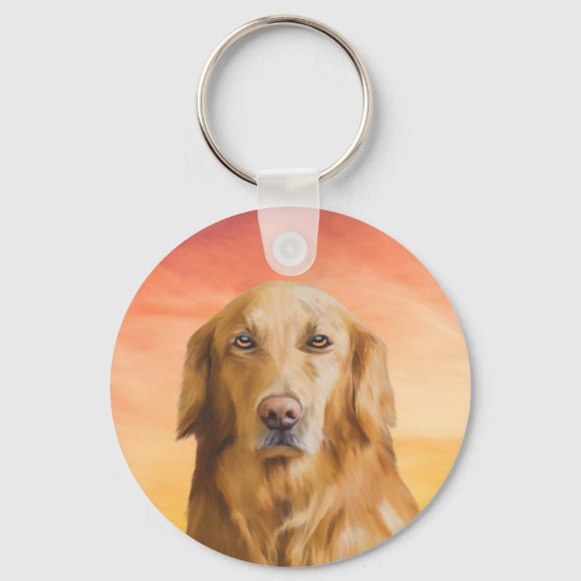 Golden Retriever Dog Water Colour Art Oil Painting Keychain (Front)