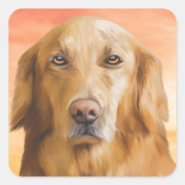 Golden Retriever Dog Water Colour Art Oil Painting Square Sticker (Front)