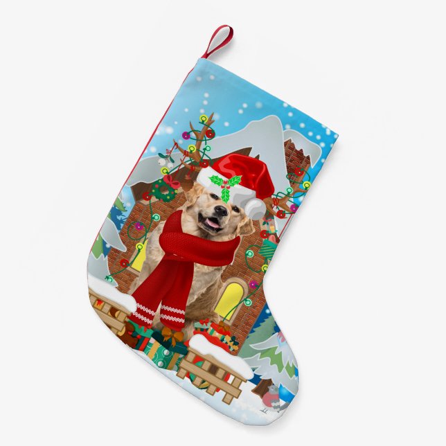 Golden Retriever dog with Christmas gifts Small Christmas Stocking (Front (Hanging))