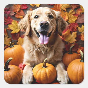 Golden Retriever Dog with Pumpkins & Autumn Leaves Square Sticker