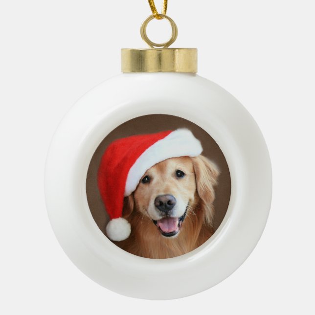 Golden Retriever Dog With Red Santa Hat Ceramic Ball Christmas Ornament (Front)