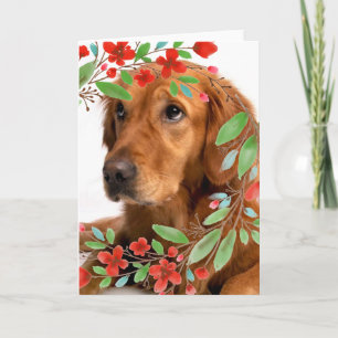 Golden Retriever Dog with Watercolor Red Flowers Card