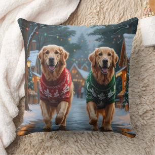 Golden Retriever Dogs Christmas Snow Holiday Throw Pillow