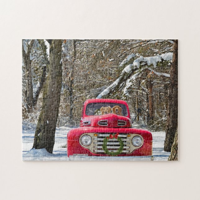 golden retriever dogs in old Christmas truck Jigsaw Puzzle (Horizontal)