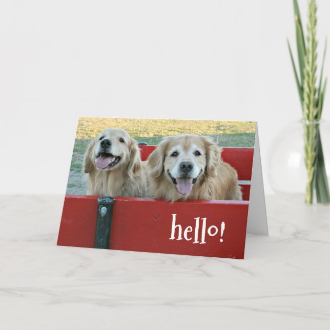 Golden Retriever Dogs in Red Wagon Thinking of You Card (Front)
