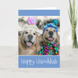 Golden Retriever Dogs in Winter Hats Hanukkah Holiday Card<br><div class="desc">Tis the season to be golden! This Hanukkah card features a photograph of two golden retriever dogs outside in the snow. Both are wearing colourful hats and one even has a scarf too! Inside text reads, "Wishing You Light and Peace. Happy Hanukkah!" but this can be changed or deleted to...</div>