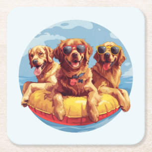 Golden Retriever Dogs Summer Pool Floaties Square Paper Coaster