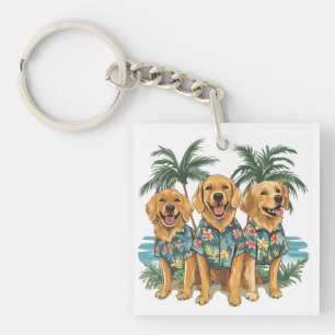 Golden Retriever Dogs Wearing Hawaiian Shirt Keychain