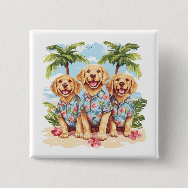 Golden Retriever Dogs Wearing Hawaiian Shirts 2 Inch Square Button (Front)