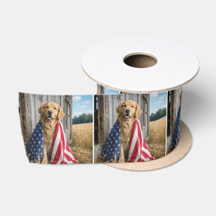 Golden Retriever Draped in an American Flag Satin Ribbon
