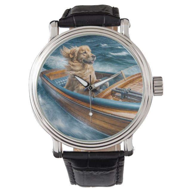 Golden Retriever Driving a Vintage Wooden Boat Watch (Front)